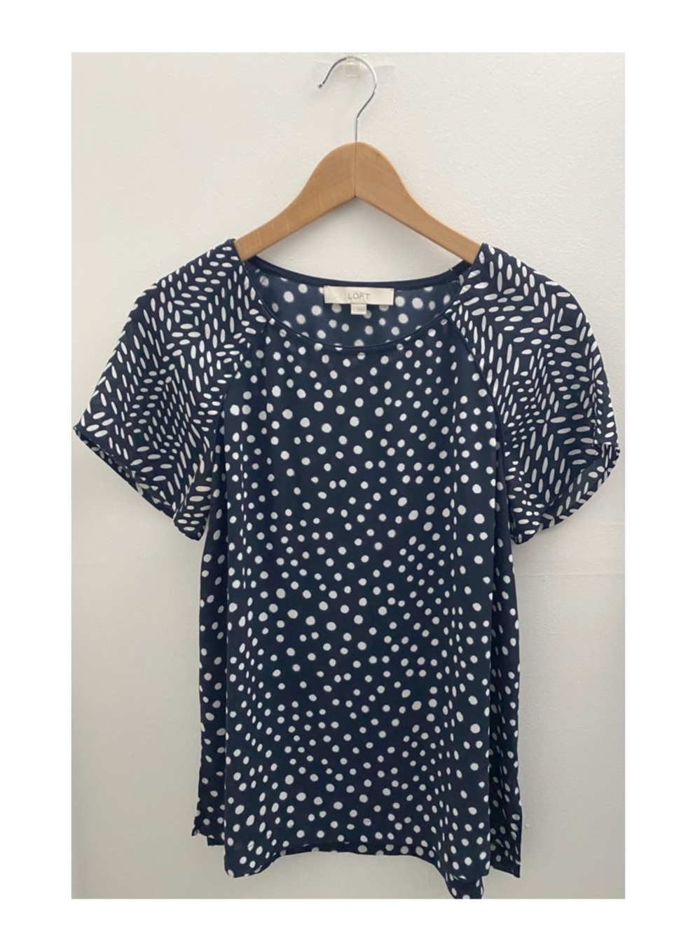 LOFT Navy Polka Dot Short Sleeve Blouse Size Small